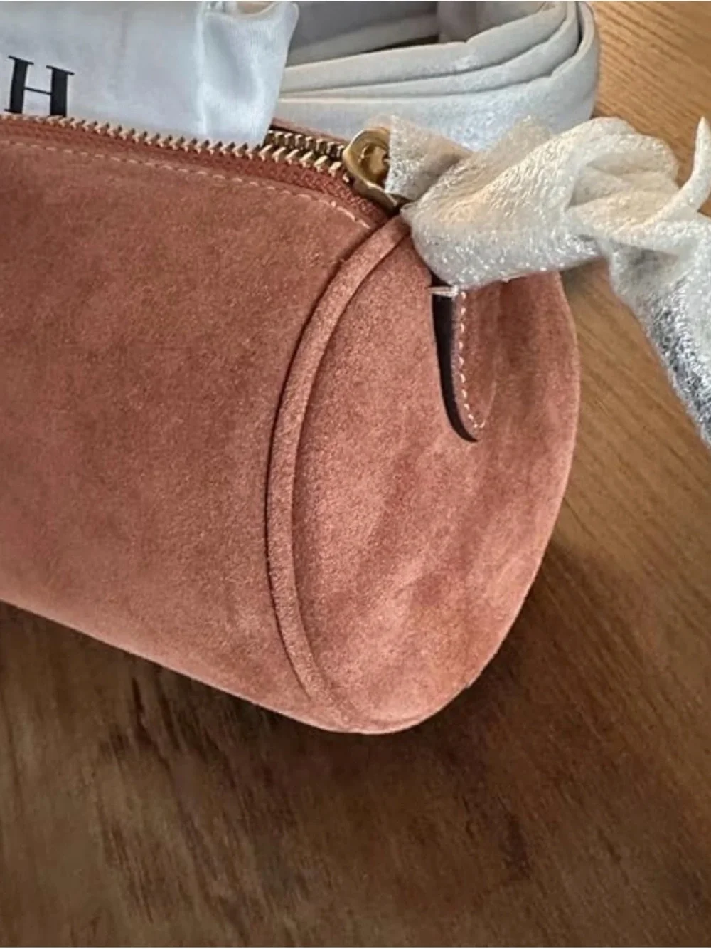 Coach Suede Barrel Shoulder Bag in Rust Brown with Gold Hardware
